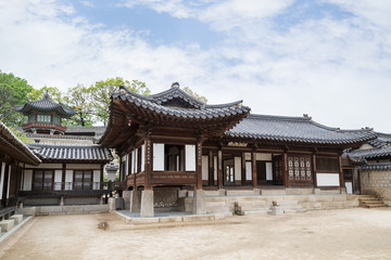 Wooden buildings at Nakseonjae Complex at the Changdeokgung Palace in Seoul, South Korea. Copy space.