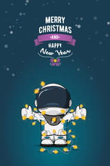 Hand drawn flat vector illustration. Cartoon astronaut in spacesuit with garland of Christmas lights. Greeting card.
