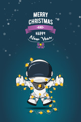 Hand drawn flat vector illustration. Cartoon astronaut in spacesuit with garland of Christmas lights. Greeting card.