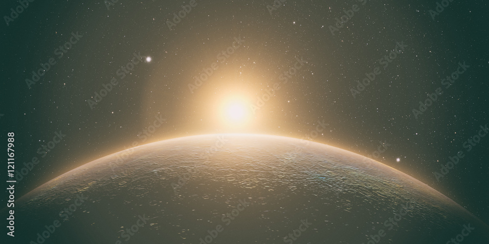 Wall mural planet mercury with sunrise on the space background, 3d render.