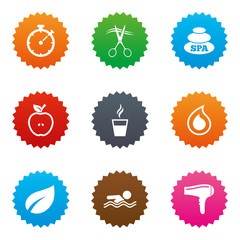 Spa, hairdressing icons. Swimming pool sign.