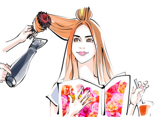 美容院で雑誌を読む女性