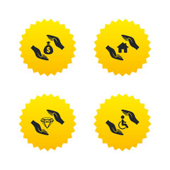 Hands insurance icons. Money savings sign.