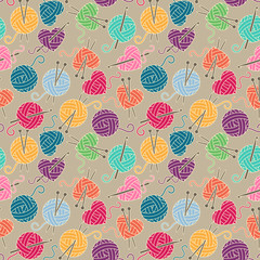 Seamless, Tileable Vector Background with Yarn, Knitting Needles and Crochet Hooks