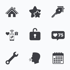 Home key icon. Wrench service tool symbol.