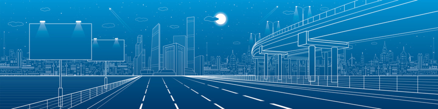 Automotive flyover, architecture and infrastructure panorama, transport overpass, billboards on highway, business center, night city, towers and skyscrapers, white lines urban scene, vector design art