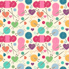 Seamless, Tileable Vector Background with Yarn, Knitting Needles and Crochet Hooks