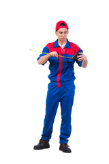 Young repairman with tape measure isolated on white