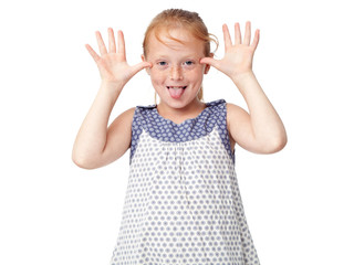 Little girl ape and showing tongue, isolated on white background