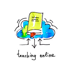 sketch watercolor icon of teaching online, distance education an