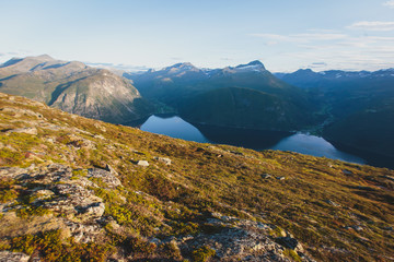 Hiking in Norway, classic norwegian scandinavian summer mountain norwegian landscape 