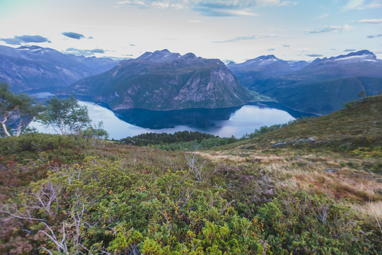 Hiking in Norway, classic norwegian scandinavian summer mountain norwegian landscape 