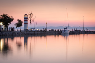 Lighthouse in Podersdorf am See after sunset, lake Neusiedler See, Burgenland, Austria