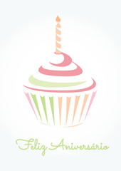 Feliz Aniverasario is Happy Birthday in Portuguese language. Cupcake with birthday candle in pastel colors icon vector.