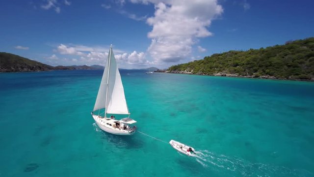 aerial video of group of people sailing and relaxing, St John, United States Virgin Islands
