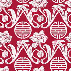 Fototapeta na wymiar Seamless pattern of Chinese symbols and flowers. Red and white background. Imitation style of Chinese painting on porcelain.