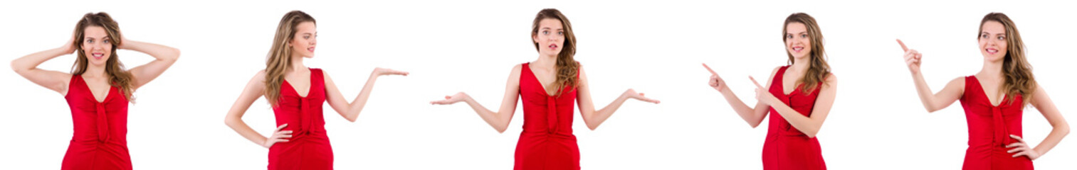 Young woman in red dress isolated on white