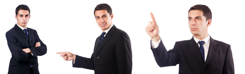 Businessman pressing virtual buttons on white