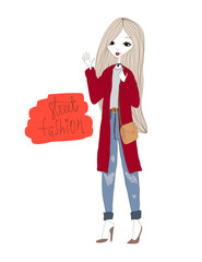 Street Fashion Illustration with a Fashion Girl Wearing Stylish Clothes. Colorful Street Fashion Typography Vector Illustration