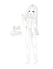 Street Fashion Illustration with a Fashion Girl Wearing Stylish Clothes. Black and White Street Fashion Typography Vector Illustration