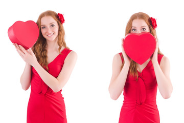 Red dress woman holding gift box isolated on white