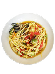 Thai spicy papaya salad (Som Tam) isolated on white background