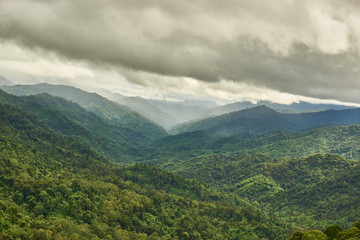 Mountain range in cloudy day. Chong Yen viewpoint, at Mea-Wong National Park,Thailand. Tropical rain-forest in asia. Rain is coming