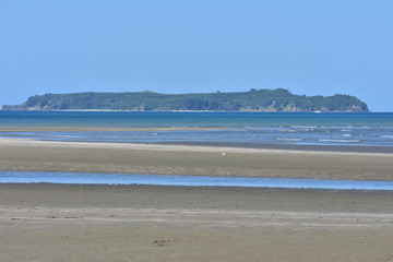 View of small flat island with some forest coverage in blue ocean from sandy beach at low tide.
