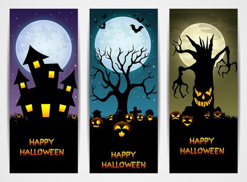 Three Halloween banners with castle and pumpkin and spooky tree