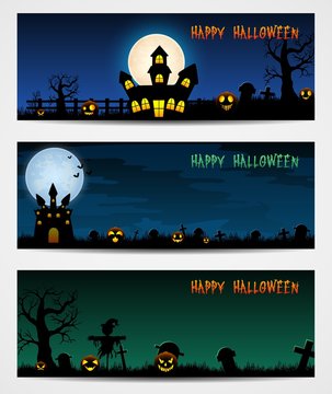Three Halloween banners with castle and scarecrow and pumpkin