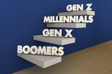 Baby Boomers Millennials Generation X Y Z 3d Illustration - obrazy, fototapety, plakaty