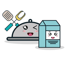 cartoon catering box milk and fork spatula facial expression isolated design, vector illustration  graphic 
