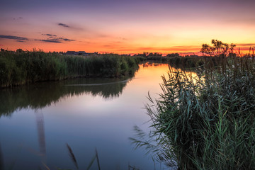 Sunset over the wall in old city Aigues-Mortes, Provence, France.