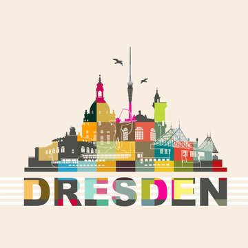 Dresden Deutschland Skyline Silhouette Wandtattoo Umriss Semperoper Zwinger Frauenkirche Fernsehturm Bogensch&uuml;tze Dampfer Fichteturm Blaues Wunder Br&uuml;cke Sachsen Sehensw&uuml;rdigkeiten Panorama Mosaik 