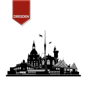 Dresden Deutschland Skyline Silhouette Wandtattoo Umriss Semperoper Zwinger Frauenkirche Fernsehturm Bogensch&uuml;tze Dampfer Fichteturm Blaues Wunder Br&uuml;cke Sachsen Sehensw&uuml;rdigkeiten Panorama 