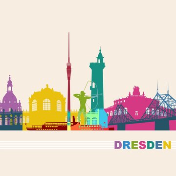 Dresden Deutschland Skyline Silhouette Wandtattoo Umriss Semperoper Zwinger Frauenkirche Fernsehturm Bogensch&uuml;tze Dampfer Fichteturm Blaues Wunder Br&uuml;cke Sachsen Sehensw&uuml;rdigkeiten Panorama bunt