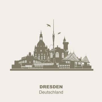 Dresden Deutschland Skyline Silhouette Wandtattoo Umriss Semperoper Zwinger Frauenkirche Fernsehturm Bogensch&uuml;tze Dampfer Fichteturm Blaues Wunder Br&uuml;cke Sachsen Sehensw&uuml;rdigkeiten Panorama beige