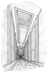 sketch interior perspective lift hall, black and white interior design.