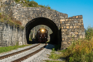 Russia, September 15, Tourist train rides through the tunnel on Circum-Baikal Railway