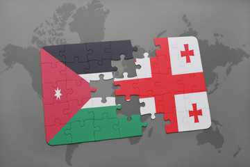 puzzle with the national flag of jordan and georgia on a world map background.