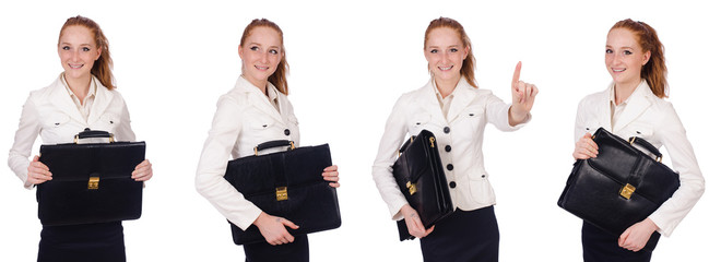 Businesswoman with briefcase isolated on white