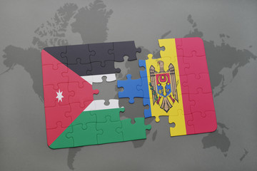 puzzle with the national flag of jordan and moldova on a world map background.