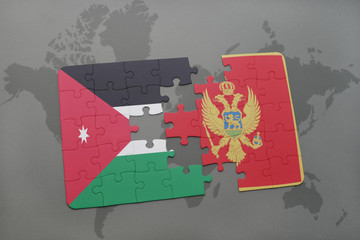 puzzle with the national flag of jordan and montenegro on a world map background.