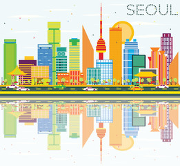 Seoul Skyline with Color Buildings, Blue Sky and Reflections.