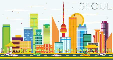 Obraz premium Seoul Skyline with Color Buildings and Blue Sky.