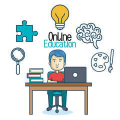 education online man desk laptop vector illustration eps 10