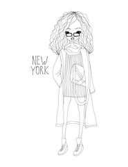 New York Fashion Illustration with a Fashion Girl Wearing Stylish Clothes. Black and White New York Typography with Hearts