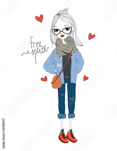 Fashion Illustration with a Fashion Girl Wearing Stylish Clothes