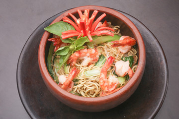 Bowl of noodles with shrimps
