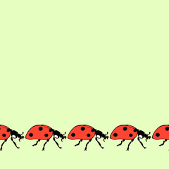 Seamless decorative border from ladybugs on green background